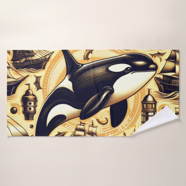 Vintage Orca Nautical Pattern Bath Towel (Bath Towel)