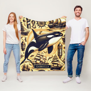 Vintage Orca Nautical Pattern Fleece Blanket