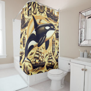 Vintage Orca Nautical Pattern Shower Curtain