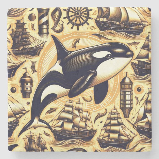 Vintage Orca Nautical Pattern Stone Coaster (Front)