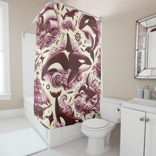 Vintage Orca Nautical Seamless Shower Curtain (In Situ)