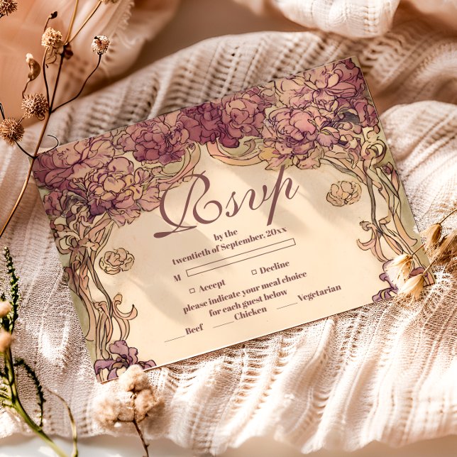 Vintage Orchid Art Nouveau Quinceañera RSVP Card (Creator Uploaded)