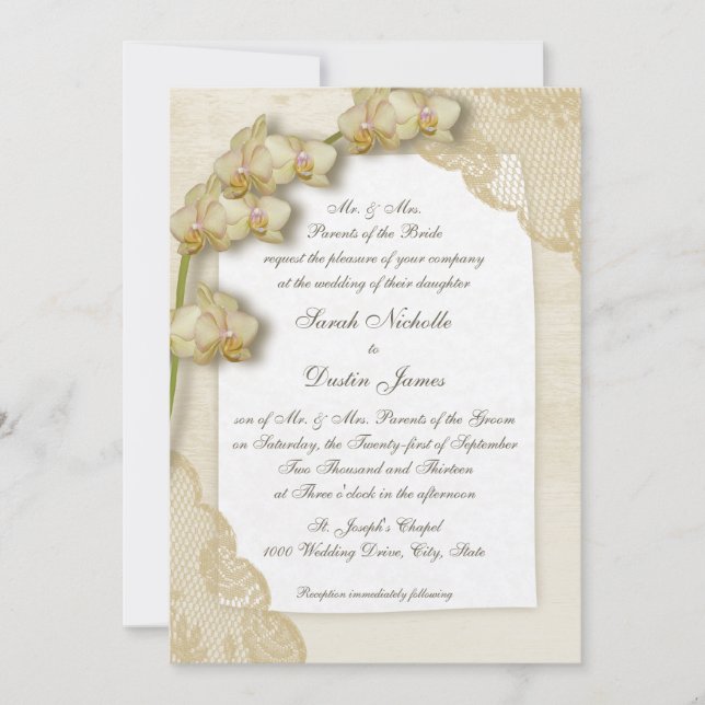 Vintage Orchids and Lace Wedding Invitation (Front)