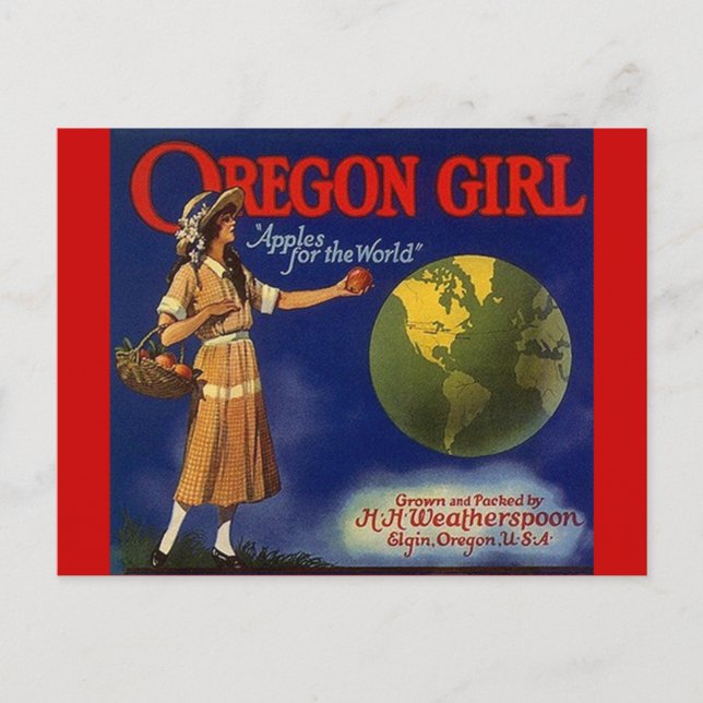 Vintage Oregon Girl Apples Fruit Crate Postcards (Front)