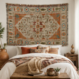 Vintage Oriental Floral Kilim Southwestern Boho Throw Blanket