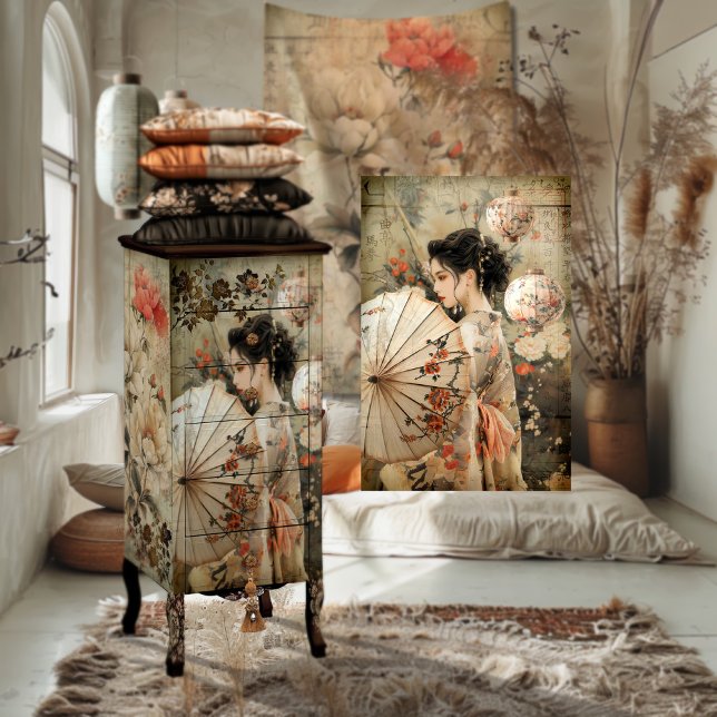 Vintage Oriental Geisha Portrait Art Tissue Paper (Chinoiserie, Vintage Oriental Geisha, Parasol, Lanterns & Floral Furniture Decoupage Tissue Paper.)