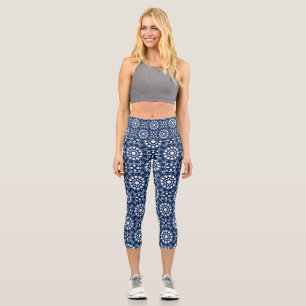 Vintage Oriental Mandala Blue White Capri Leggings