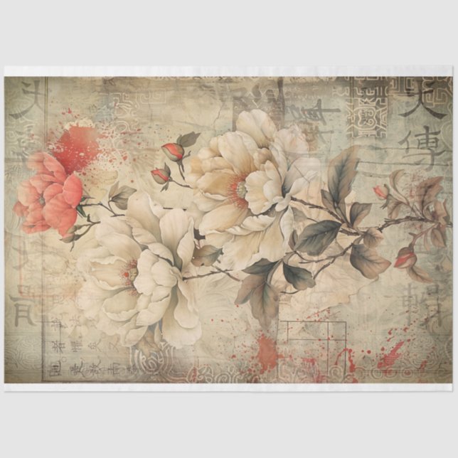 Vintage Oriental Peony Floral, Chinoiserie Art  Tissue Paper (Front)