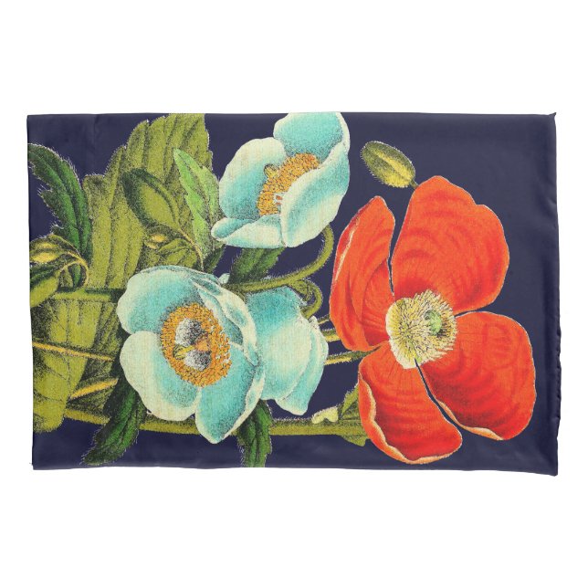 Vintage Oriental Poppy Flower Floral Pillowcase (Front)