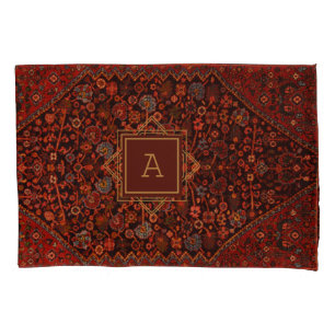 Vintage Oriental Rug Monogram Red Burgundy Gold    Pillowcase