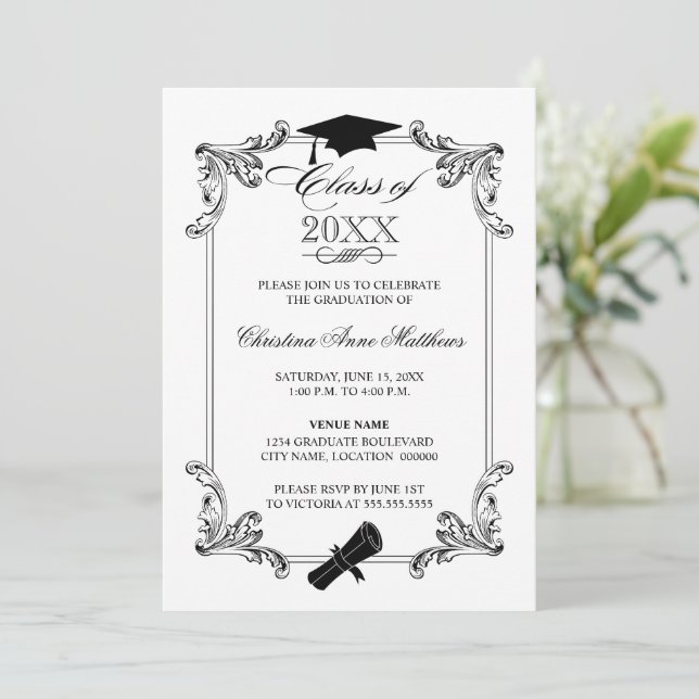 Vintage Ornament Cap and Diploma Graduation Invitation (Standing Front)