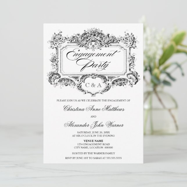 Vintage Ornament Design Engagement Party Invitation (Standing Front)