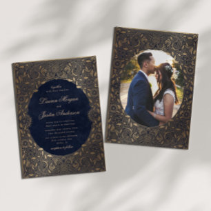 Vintage Ornament Gold Photo Wedding Invitation