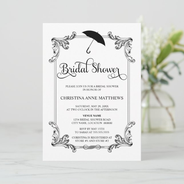 Vintage Ornament Umbrella Script Bridal Shower Invitation (Standing Front)