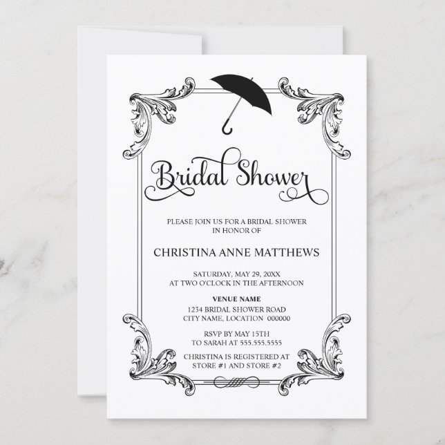 Vintage Ornament Umbrella Script Bridal Shower Invitation (Front)