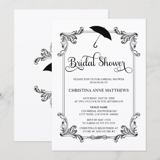 Vintage Ornament Umbrella Script Bridal Shower Invitation (Front/Back)