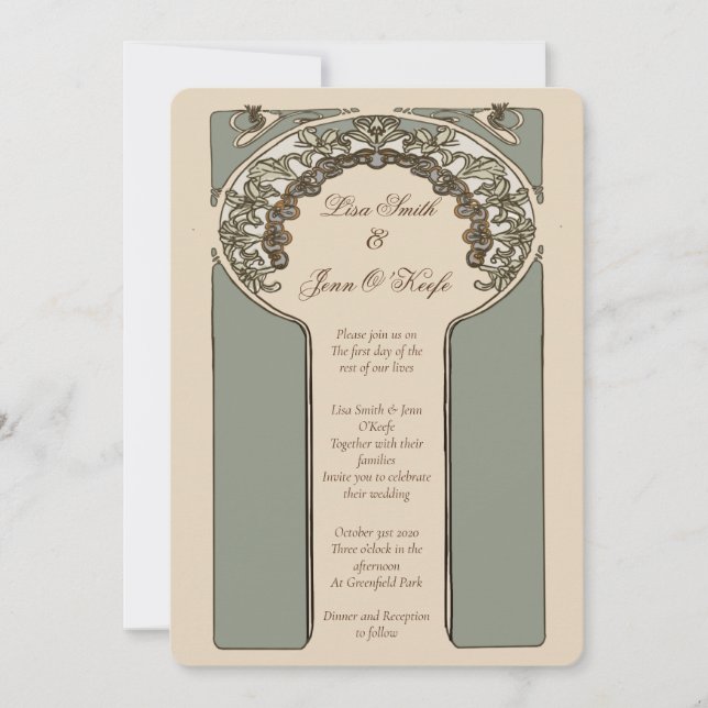 Vintage Ornamental Mucha Inspired Wedding Invitation (Front)