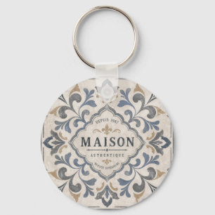 Vintage Ornamental Tile Design with Typography Key Ring
