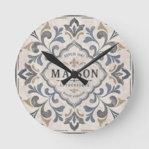 Vintage Ornamental Tile Design with Typography Round Clock