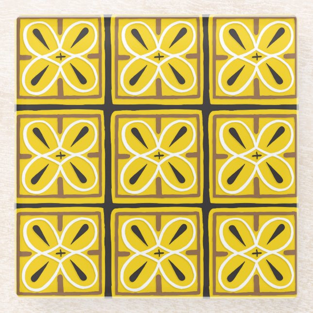 Vintage Ornamental Tiles Pattern Design Glass Coaster (Front)