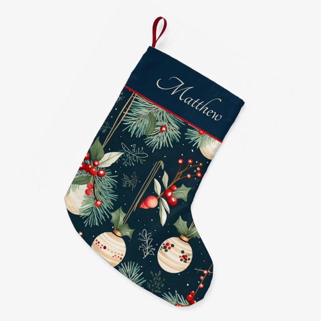 Vintage Ornaments and Pines Small Christmas Stocking (Front (Hanging))