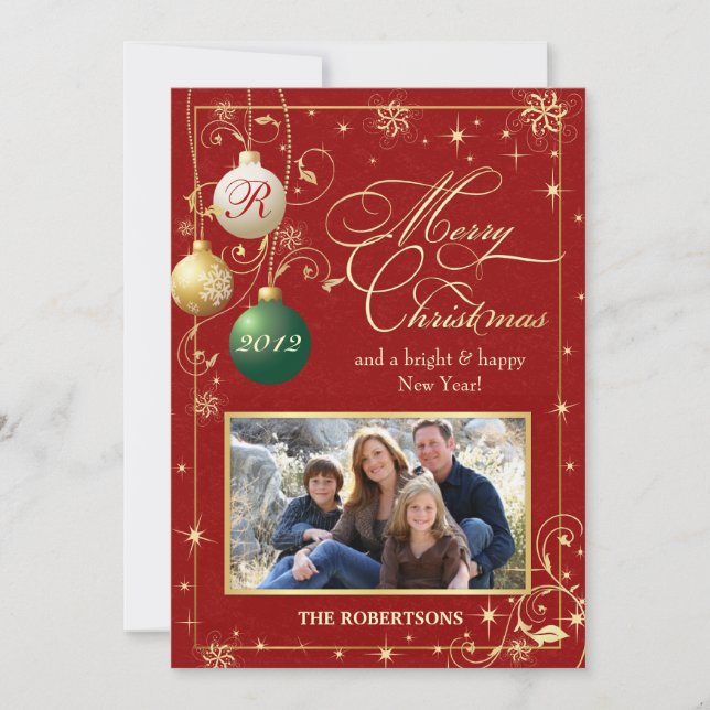 Vintage Ornaments Family Photo Christmas Card (Front)