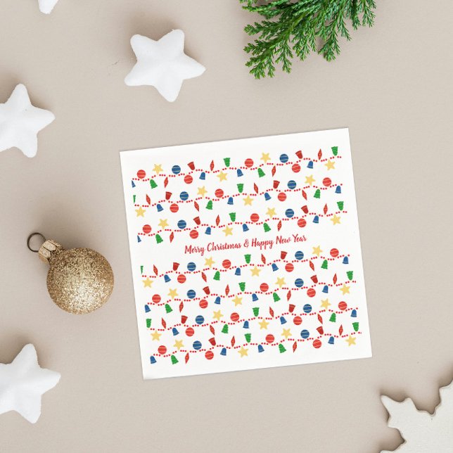 Vintage Ornaments & Garland Napkin (Cute retro Christmas napkin with vintage Christmas ornaments and red beaded garland)