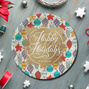 Vintage Ornaments Gold Faux Foil Holiday Paper Plate