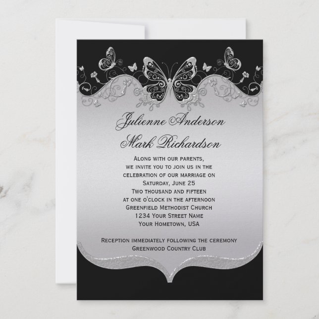 Vintage Ornate Black Silver Butterflies Wedding Invitation (Front)