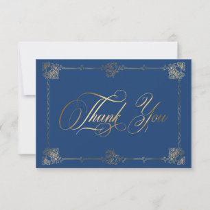 Vintage Ornate Blue Gold Scroll Gothic Wedding Thank You Card
