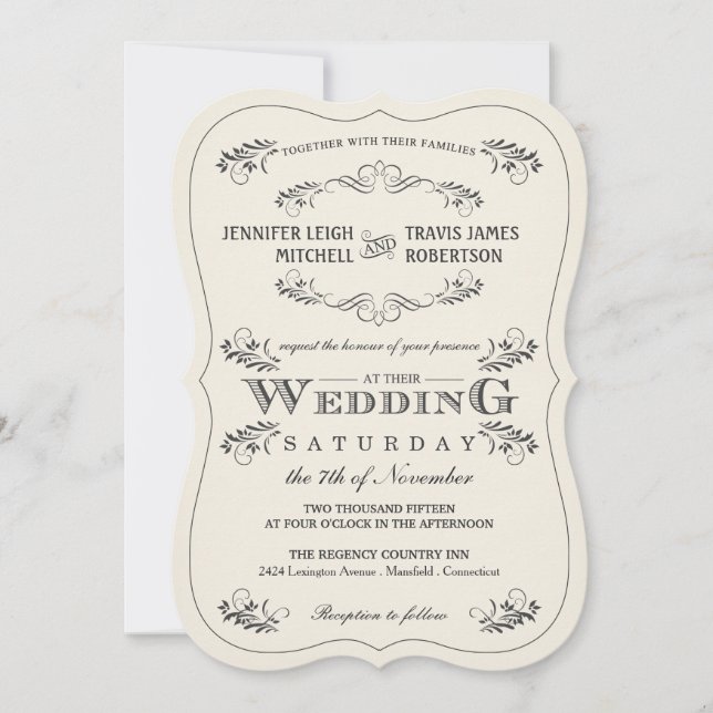Vintage Ornate Flourish White Wedding Invitations (Front)