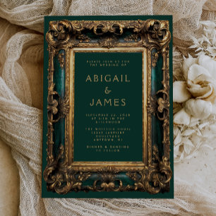 Vintage Ornate Frame Emerald Green Gold Wedding Invitation