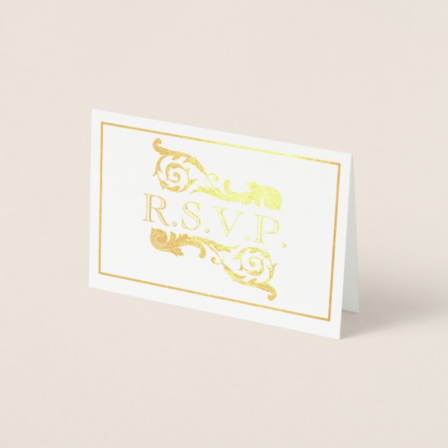  Vintage Ornate Gold Flourish RSVP Foil Card (Front)