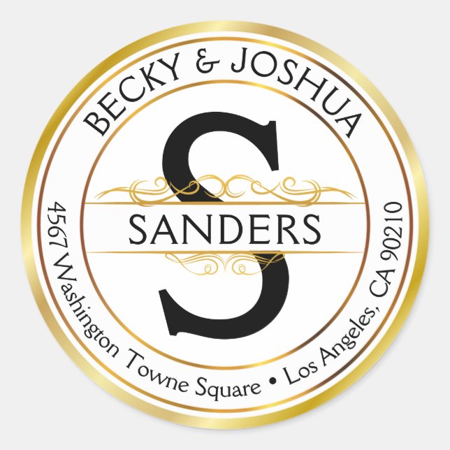 Vintage Ornate Gold Initial Round Address Label (Front)