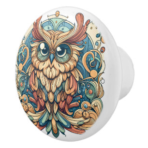 Vintage Ornate Owl Artistic Illustration Ceramic Knob