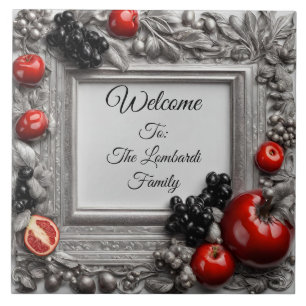 Vintage Ornate Silver Frame With Colorful Fruit  Tile