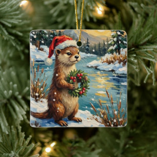 Vintage Otter with Christmas Wreath by Frozen Ceramic Ornament