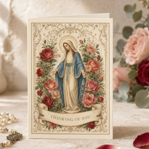 Vintage Our Lady of Grace Red Roses Catholic Greet Card