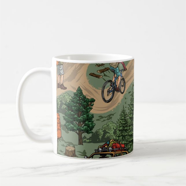Vintage Outdoor Pattern: Hikers, Bicycles Coffee Mug (Left)