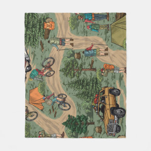 Vintage Outdoor Pattern: Hikers, Bicycles Fleece Blanket