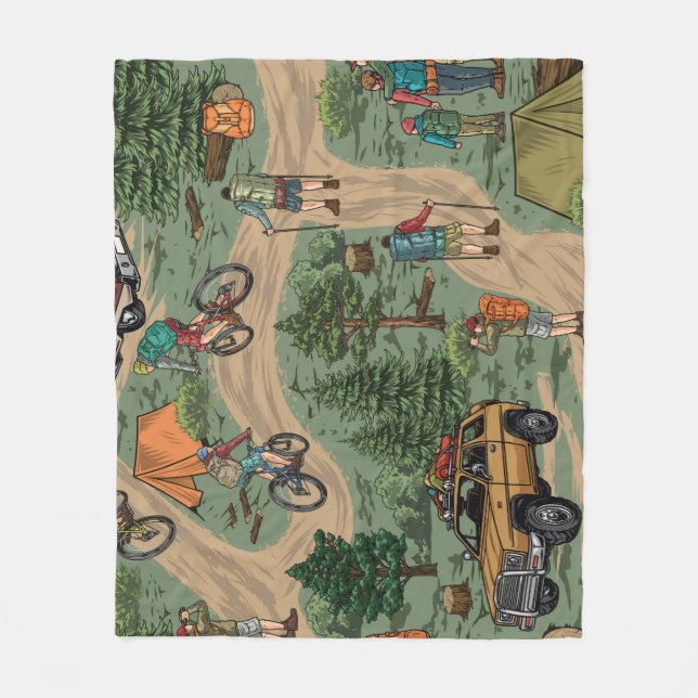 Vintage Outdoor Pattern: Hikers, Bicycles Fleece Blanket (Front)