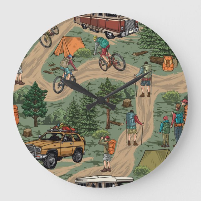 Vintage Outdoor Pattern: Hikers, Bicycles Large Clock (Front)