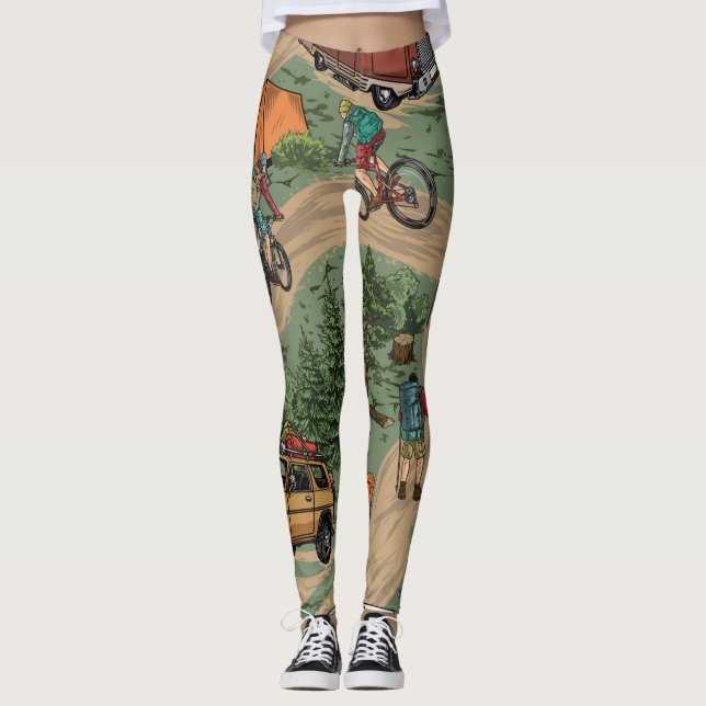 Vintage Outdoor Pattern: Hikers, Bicycles Leggings (Front)