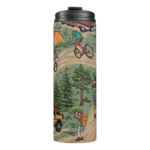 Vintage Outdoor Pattern: Hikers, Bicycles Thermal Tumbler