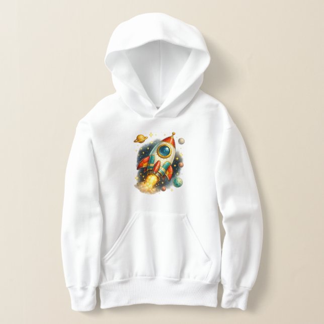 Vintage Outer Space Rocket Ship Kids Hoodie  (Laydown)
