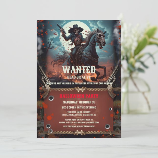 Vintage Outlaw Skull & Bones Halloween Party Invit Invitation (Standing Front)