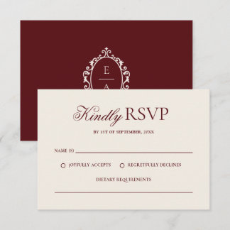 Vintage Oval Crest Burgundy Red Old Money Wedding RSVP Card