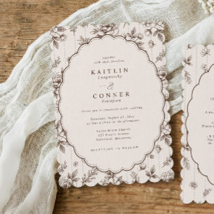 Vintage Oval Espresso Brown French Floral Wedding Invitation