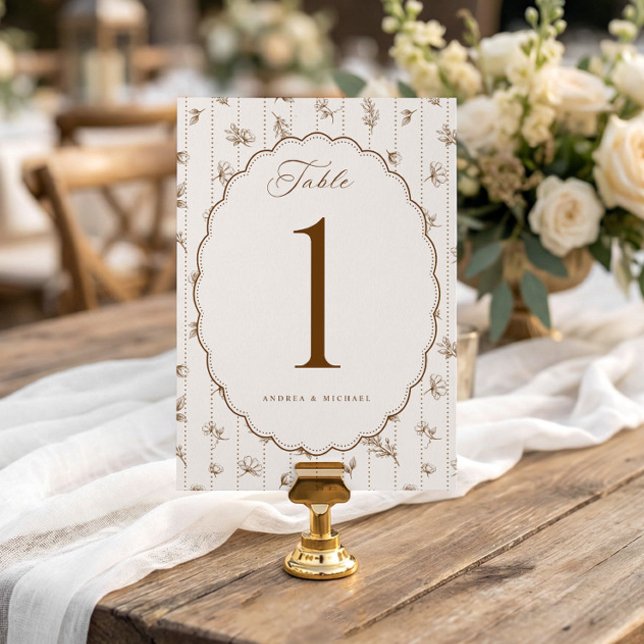 Vintage Oval Frame Brown Wedding Table Numbers (Brown & cream vintage French floral oval scalloped wedding table number with Victorian botanical fra)