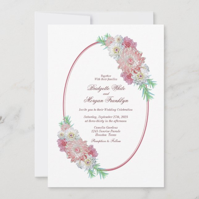 Vintage Oval Frame Pink Floral Wedding Invitation (Front)